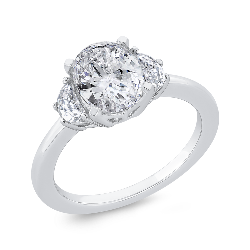 14K White Gold Three Stone Engagement Ring Half-moon sides Diamond (Semi-Mount)