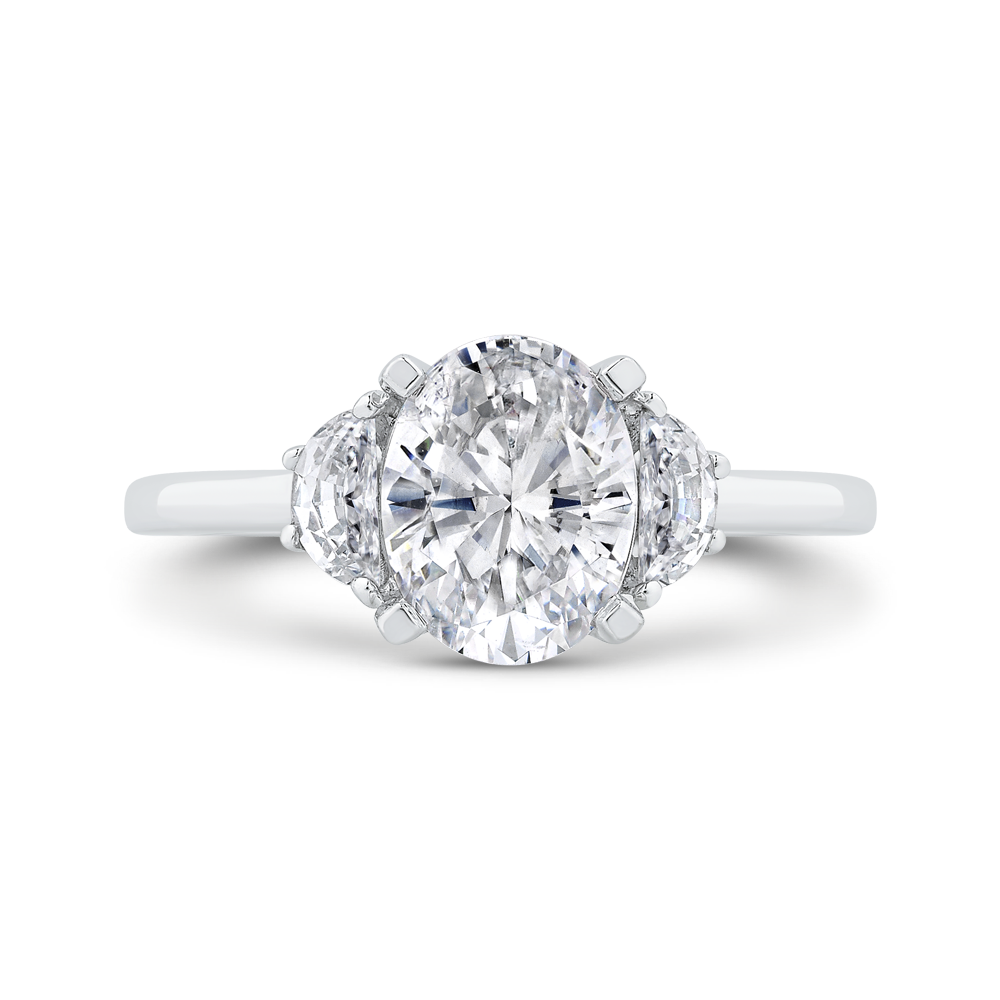 14K White Gold Three Stone Engagement Ring Half-moon sides Diamond (Semi-Mount)