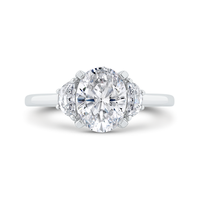 14K White Gold Three Stone Engagement Ring Half-moon sides Diamond (Semi-Mount)