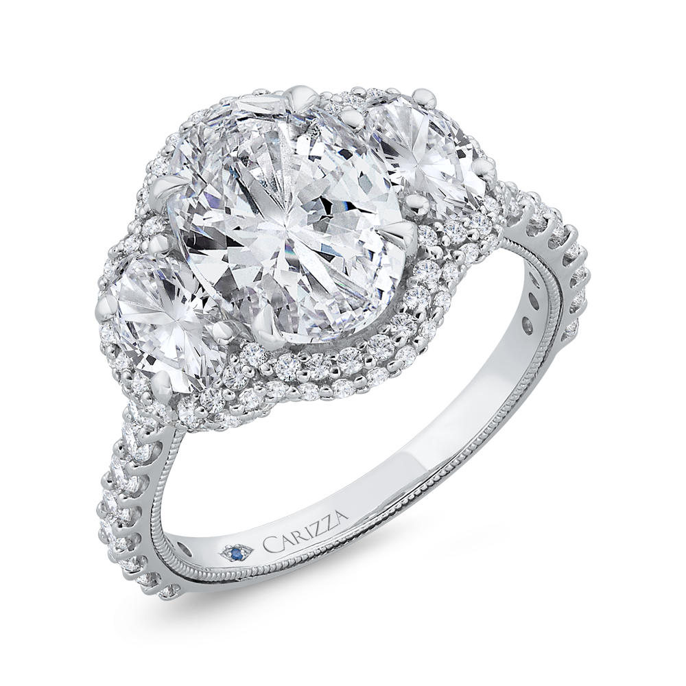 14K White Gold Three Stone Plus Round Diamond Engagement Ring (Semi-Mount)