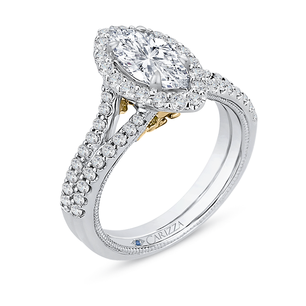 14K Two-Tone Gold Marquise Diamond Halo Vintage Engagement Ring with Split Shank (Semi-Mount)
