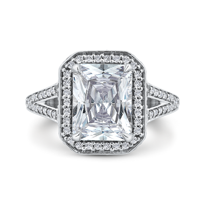 Radiant Diamond Halo Engagement Ring In 14K White Gold with Split Shank (Semi-Mount)