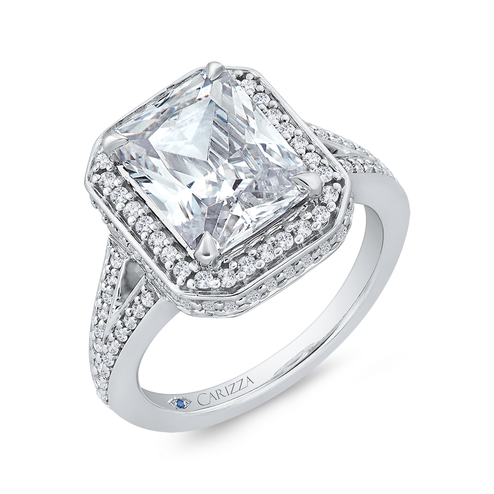 Radiant Diamond Halo Engagement Ring In 14K White Gold with Split Shank (Semi-Mount)