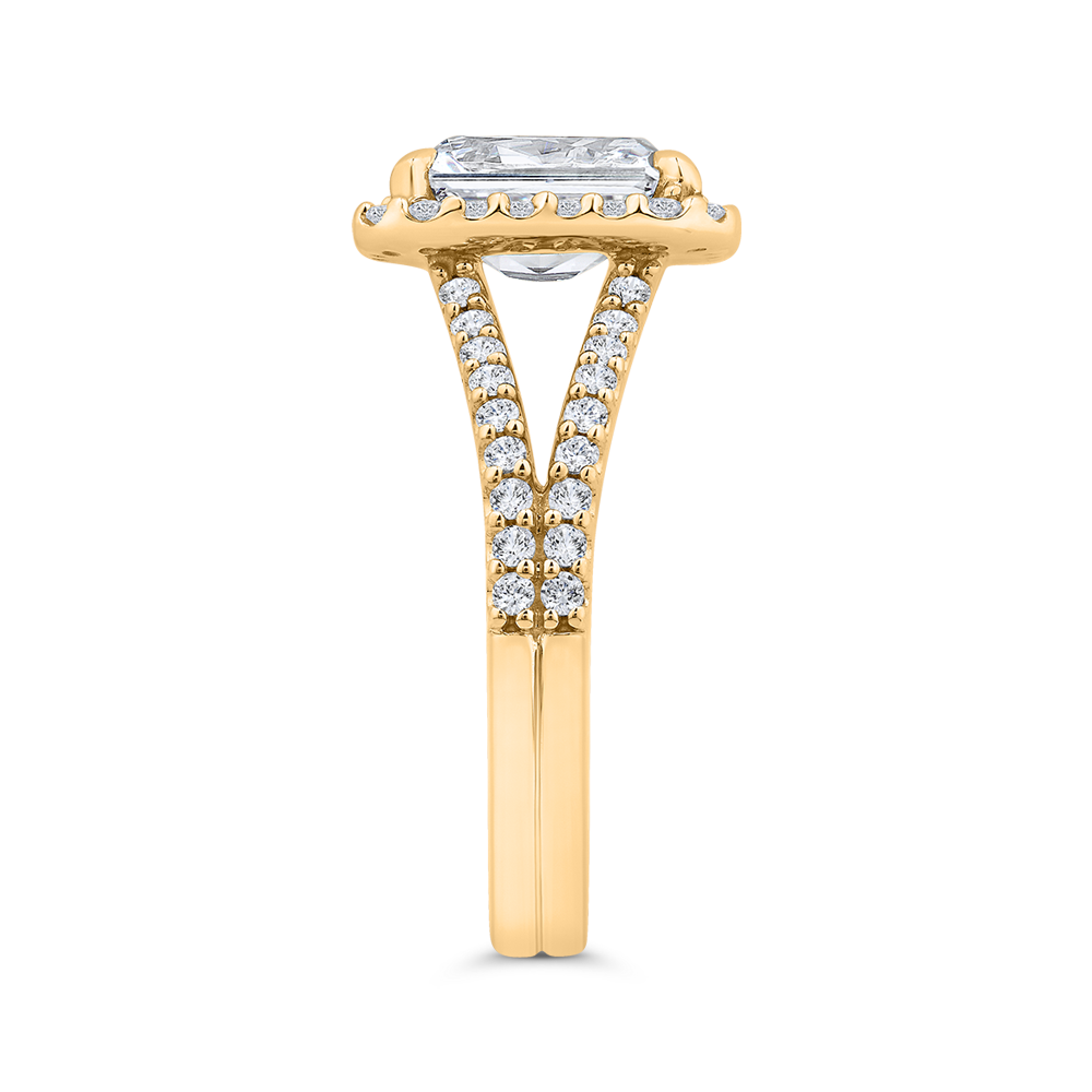 Radiant Diamond Halo Engagement Ring In 14K Yellow Gold with Split Shank (Semi-Mount)
