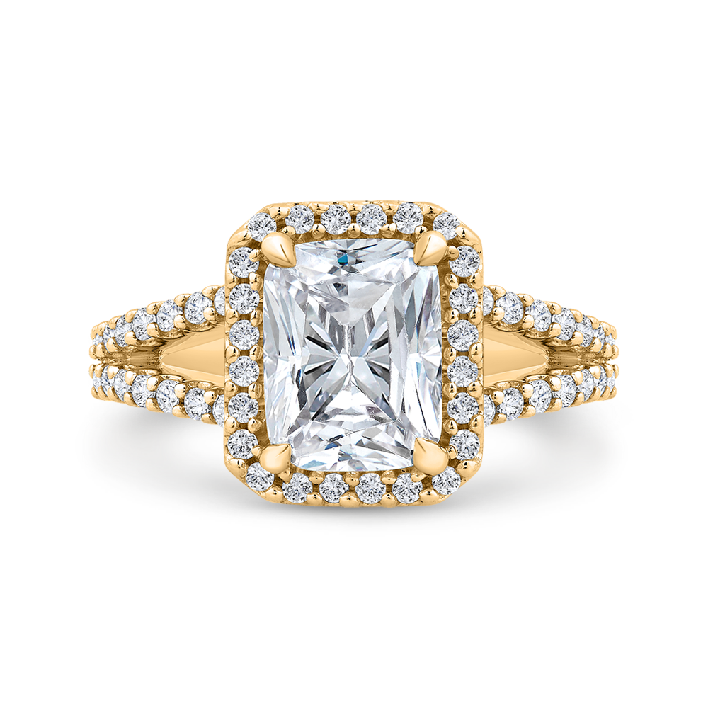 Radiant Diamond Halo Engagement Ring In 14K Yellow Gold with Split Shank (Semi-Mount)