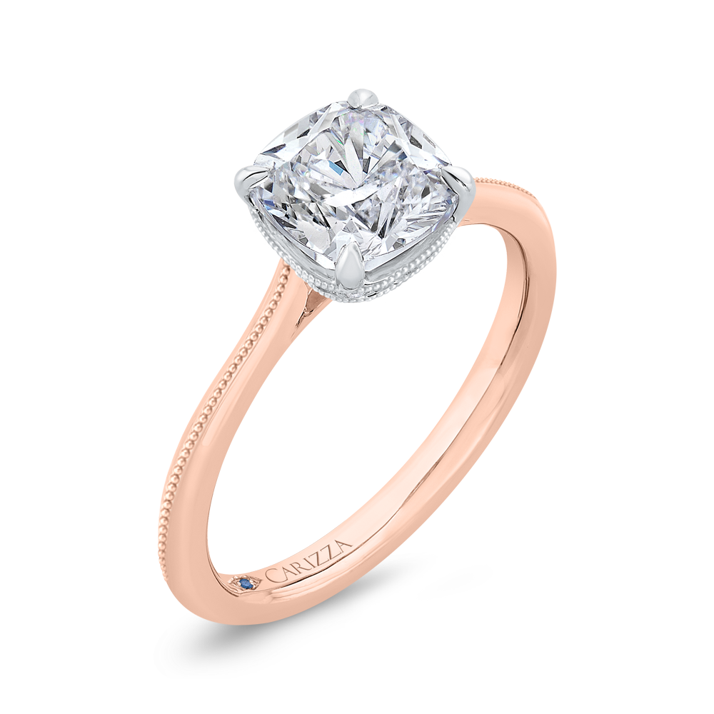 14K Two Tone Gold Cushion Cut Diamond Solitaire Engagement Ring (Semi-Mount)