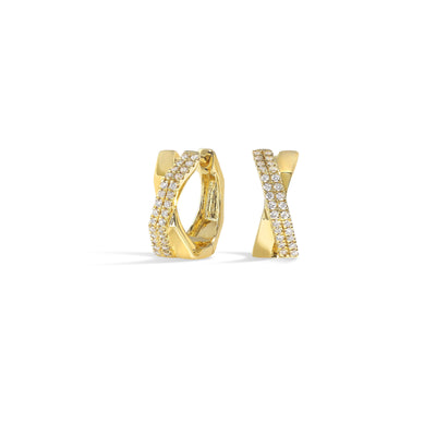 14KY diamond earrings, 1/5CTW-sleek crossover hoops in yellow gold with pav��� diamond detailing.