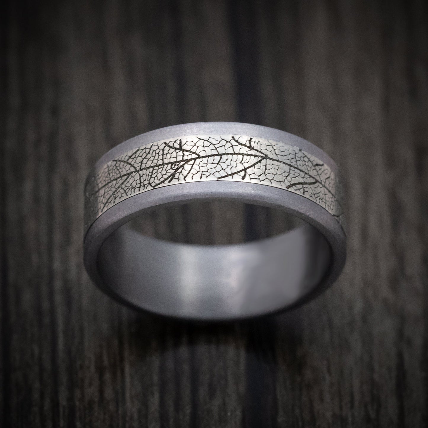 Tantalum and Black Titanium Leaf Pattern Mens Ring