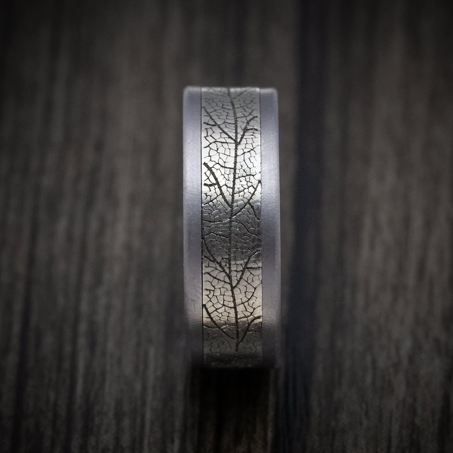 Tantalum and Black Titanium Leaf Pattern Mens Ring