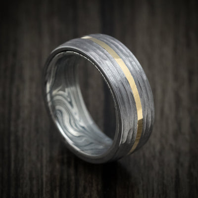 Tantalum and 14K Gold Men's Ring with Marble Kuro Damascus Steel Sleeve Custom Band