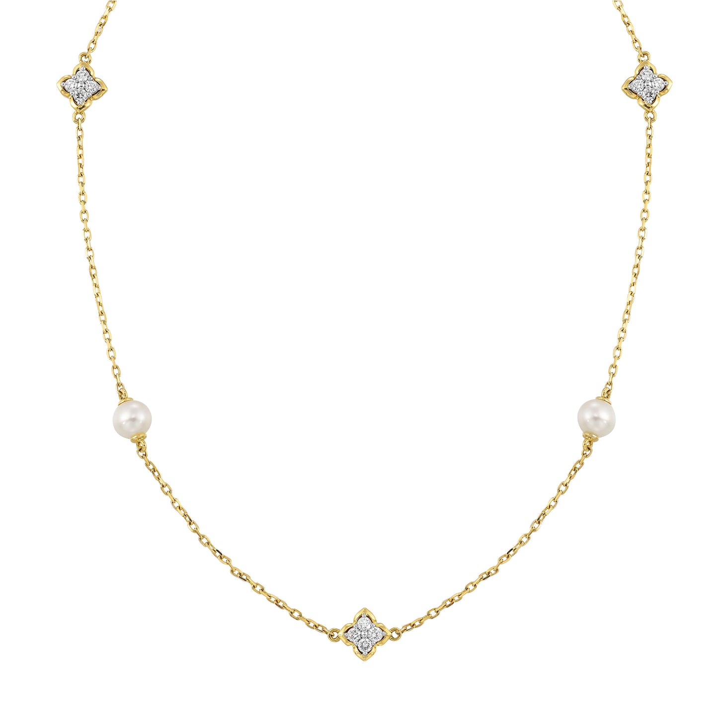 14Kt Yellow Gold Diamond 1/6Ctw & Pearl Necklace
