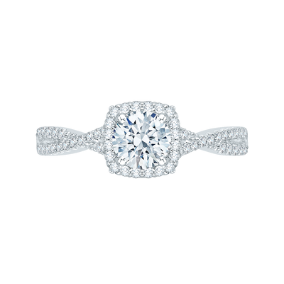 14K White Gold Round Diamond Halo Engagement Ring with Split Shank