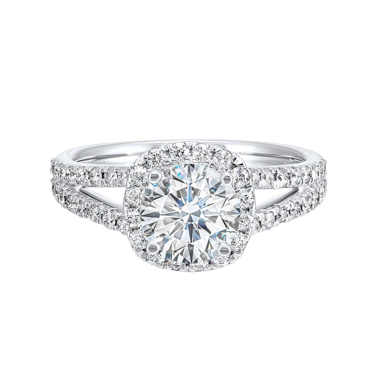 Cushion halo is a stunning way to showcase the round solitaire diamond. Modern split diamond studded shank further highlights the center.