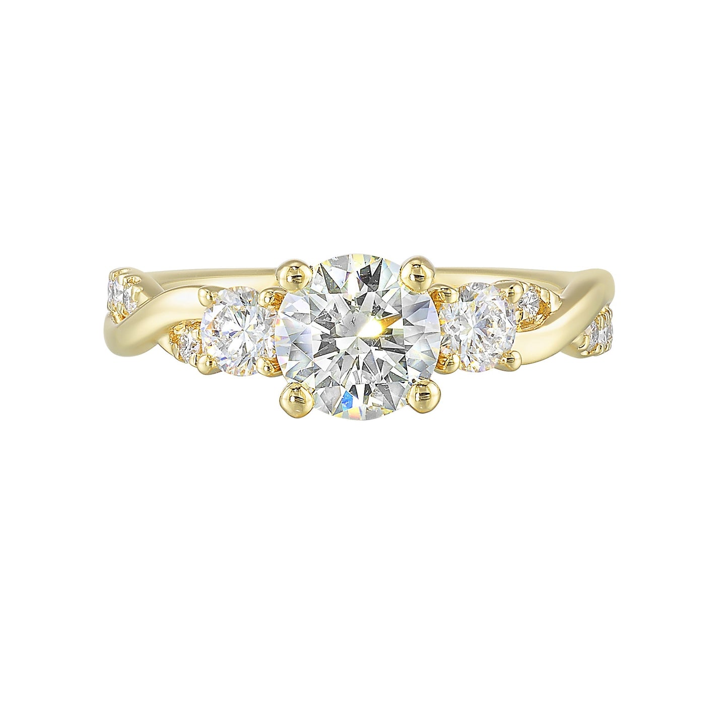 Gorgeous three stone ring features a round solitaire with one smaller diamond on either side. All of this sits a top a criss cross band with playful flow of diamond is a perfect choice.