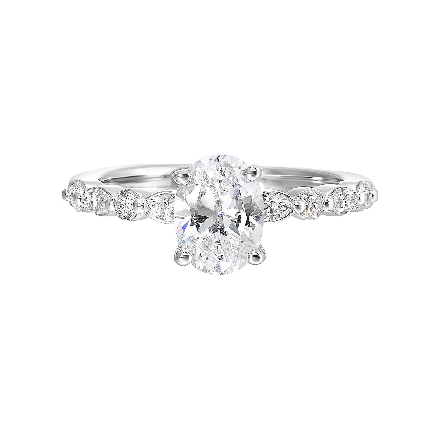 A magnificent oval diamond takes center stage, framed by a breathtaking alternation of fancy and round diamonds is sure to delight her.