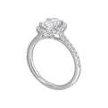 Oval solitaire halo ring with sleek diamond studded shank, this design offers a romantic look for your special moments.