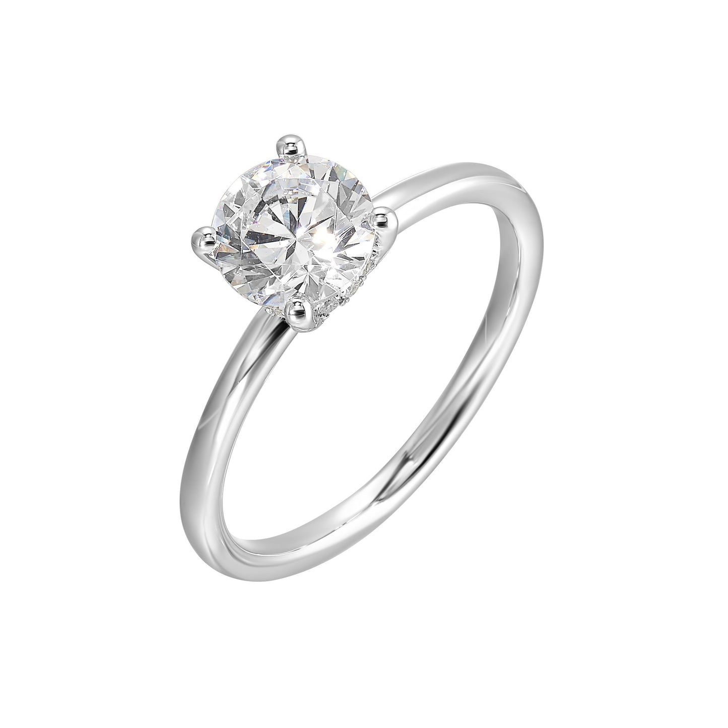 The dazzling solitaire diamond take center stage. The petite band adds to the sleek, classic look.