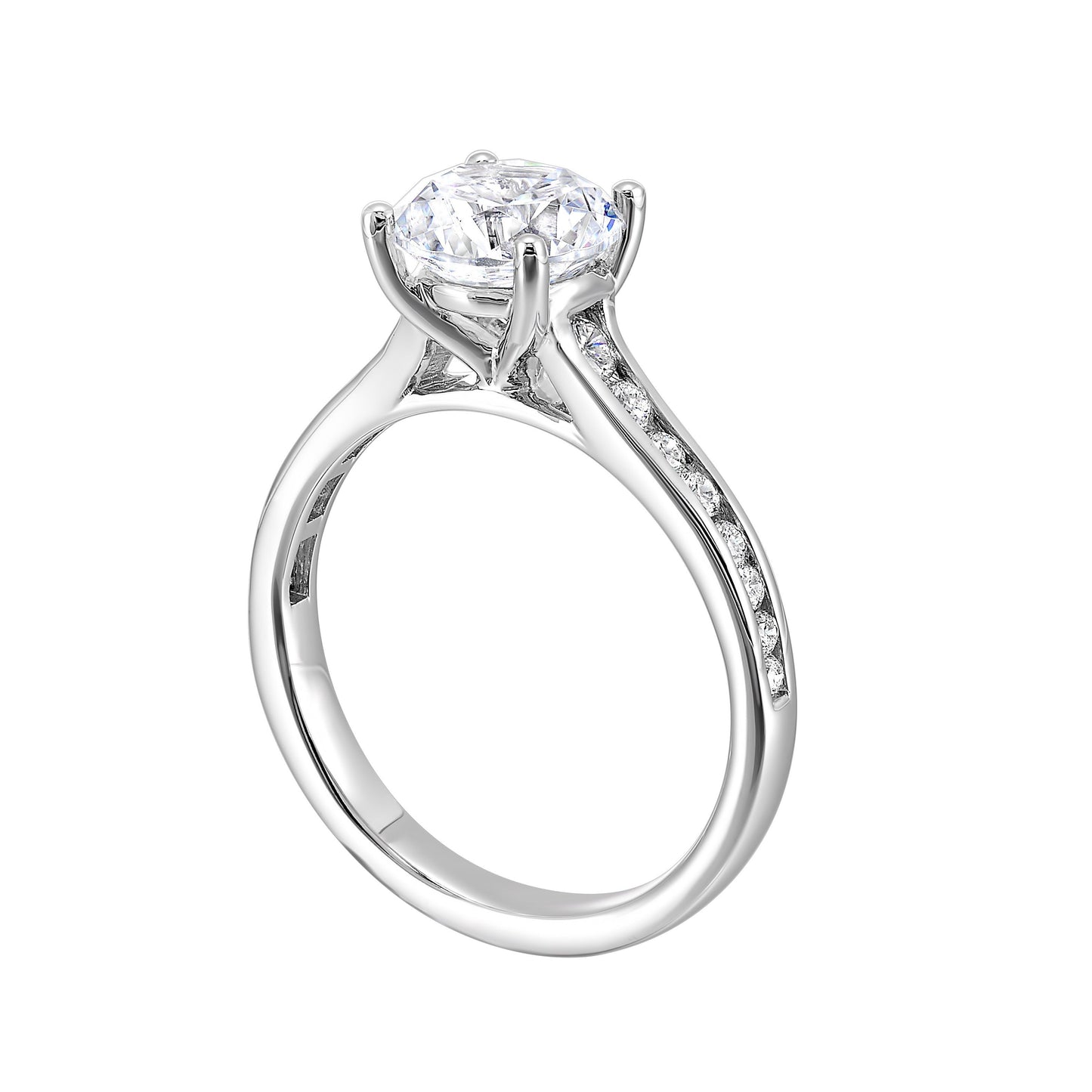 The simplicity of this single row channel set diamond shank engagement ring with four prong solitaire is simply gorgeous.