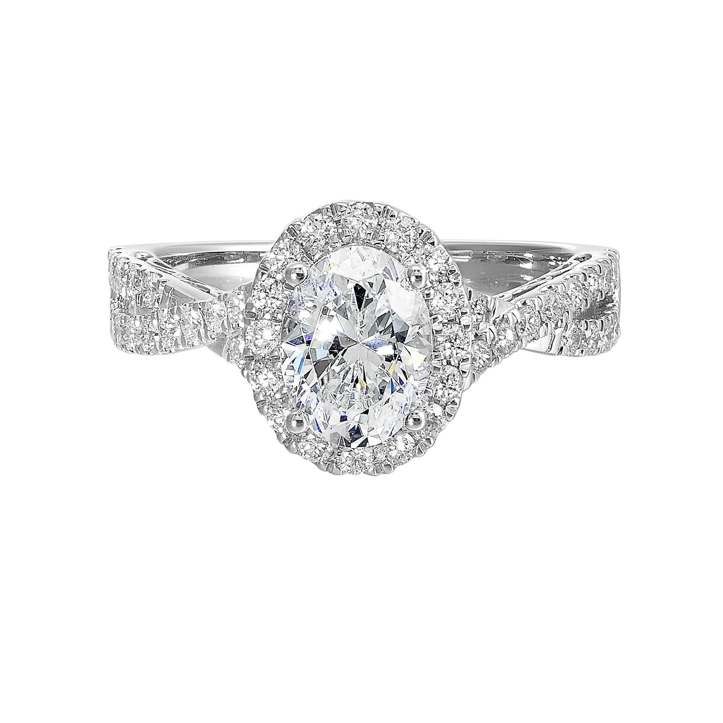 Shimmers of entwined shank with a classic halo and round center diamond is sure to delight you.