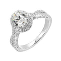 Shimmers of entwined shank with a classic halo and round center diamond is sure to delight you.