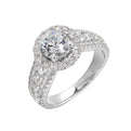 Modern and timeless, three row diamond engagement ring with bigger diamonds in center and a classy halo are sure to catch everyone attention.