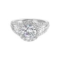 Start your love story with sparkles of this marquise and round diamond three stone engagement ring. The three rows shank have a beautiful split with pave studded diamonds on the sides.