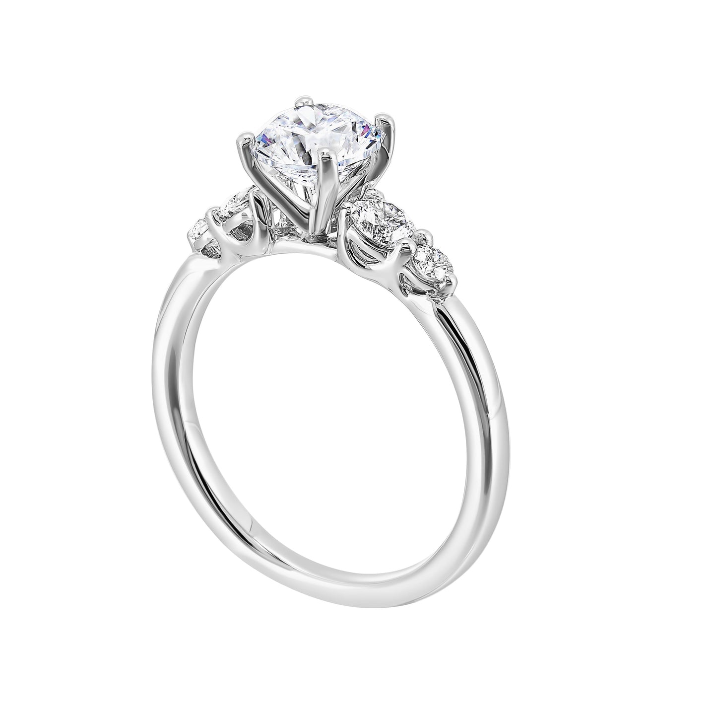 Five times diamonds for five times sparkles. A classic, lustrous band completes the look of this five stone engagement ring.