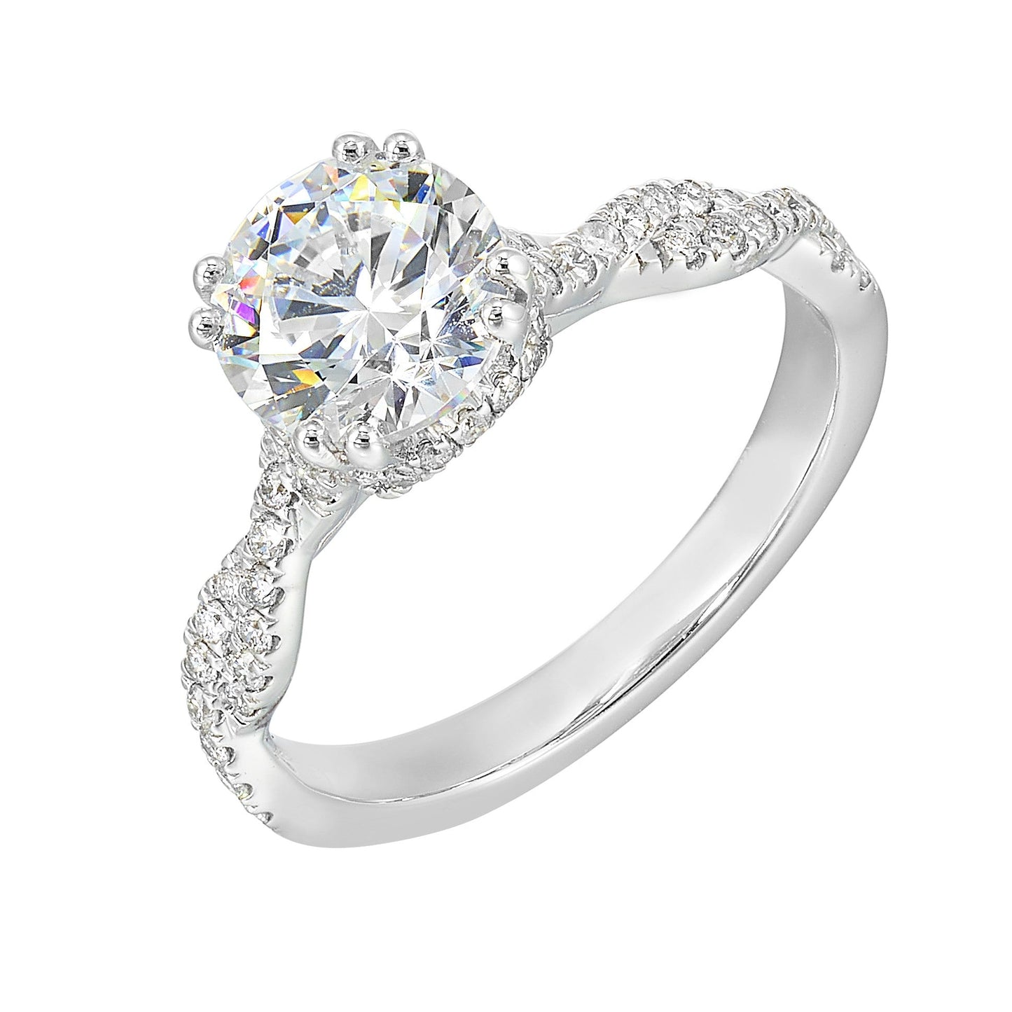 Stunning with a round solitaire diamond set in dual prongs atop a modern crisscross band. The unique twist on timeless elegance is perfect for the modern bride.